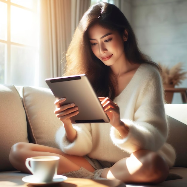 Eine junge erwachsene Frau schaut auf ein digitales Tablet