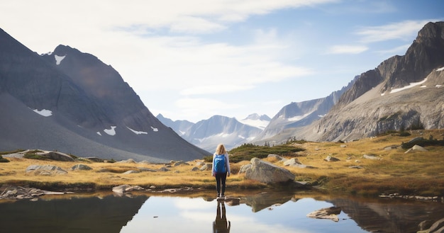 Eine junge erwachsene Wanderin geht in den Bergen am See vorbei