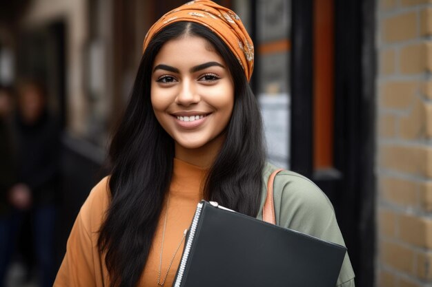 Foto eine junge ethnische frau hält ihr notizbuch und lächelt sie an, erstellt mit generativer ki