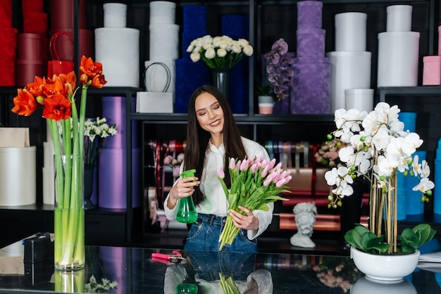 Eine junge Floristin kümmert sich um Blumen in einem gemütlichen Blumenladen und sammelt Blumensträuße Floristik und Herstellung von Eimern in einem Blumenladen Kleines Unternehmen