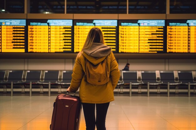 Eine junge Frau an einem internationalen Flughafen blickt auf die Fluginformationstafel „Generative KI“.