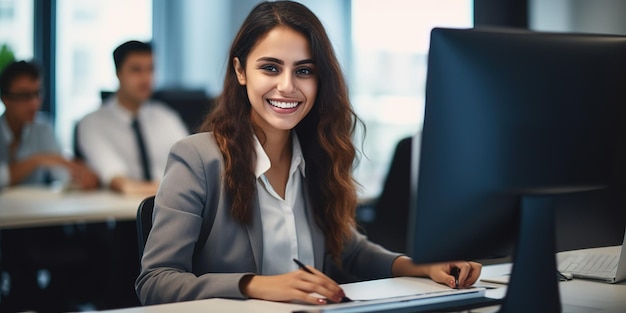 Eine junge Frau arbeitet an einem Computer in einem modernen hellen Büro