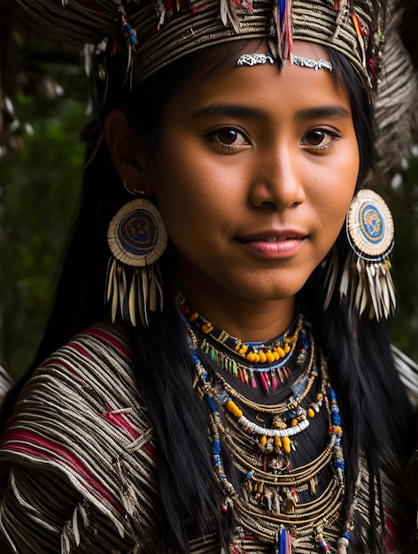 Eine junge Frau aus dem Stamm Peru mit einer traditionellen Halskette und Ohrringen.