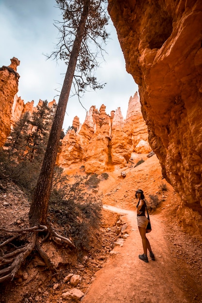 Eine junge Frau begann den Trail unterhalb des Navajo Loop Trail im Bryce National Park