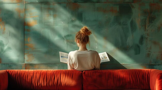 Eine junge Frau, die auf einem roten Sofa sitzt, liest eine Zeitschrift in der Nähe einer grünen Wand