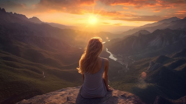 Eine junge Frau, die den Sonnenuntergang vom Berggipfel aus betrachtet. Generative KI