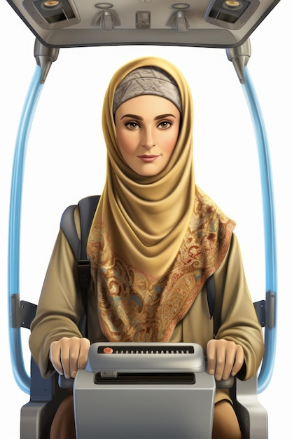 Eine junge Frau, die einen Hijab trägt, fährt ein futuristisches Fahrzeug