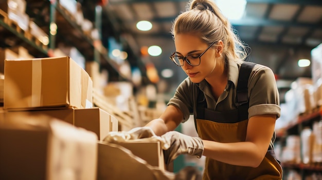 Eine junge Frau, die im Lager arbeitet, überprüft die Lagerbestände und lächelt