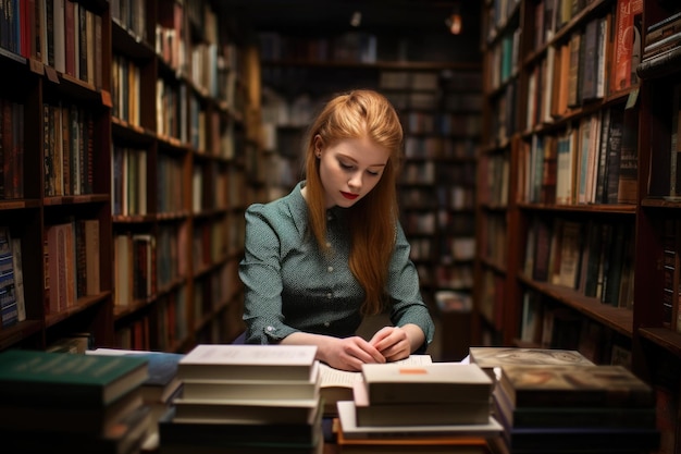 Eine junge Frau, die in einem Buchladen arbeitet, das mit generativer KI erstellt wurde