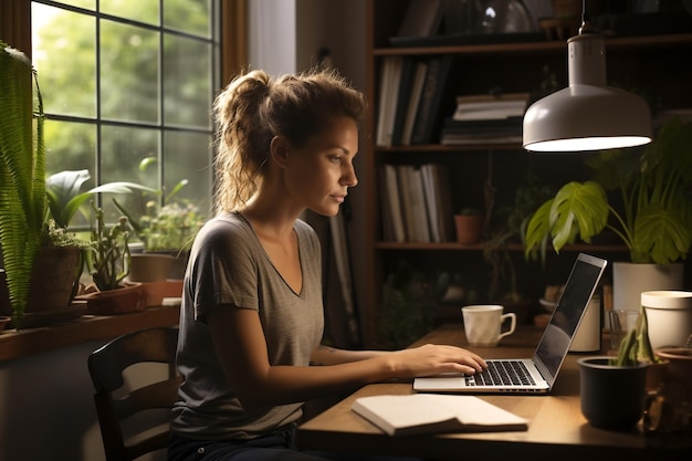 Eine junge Frau, die von zu Hause aus arbeitet. Generative KI