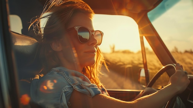 Foto eine junge frau fährt an einem sonnigen tag ein auto, sie trägt eine sonnenbrille und ihr haar weht im wind.