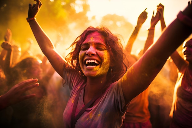 Eine junge Frau feiert fröhlich Holi in einer lebhaften Krähe