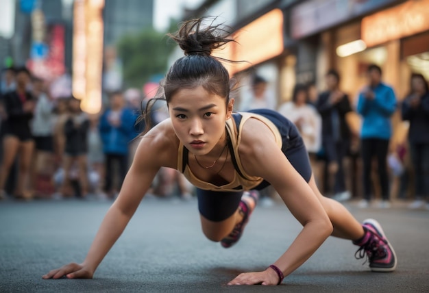 Foto eine junge frau führt auf einer stadtstraße ein pushup durch, um ihr engagement für fitness und den trend zu zeigen