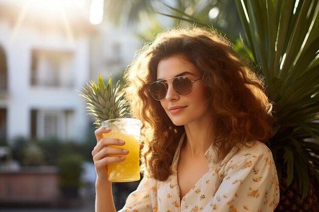 Eine junge Frau genießt an einem sonnigen Tag ein Glas Ananassaft