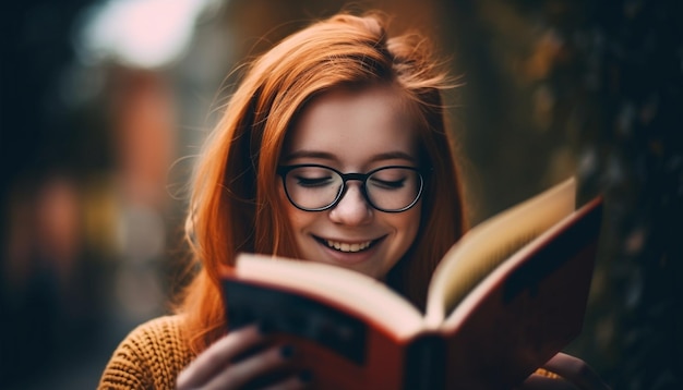 Foto eine junge frau genießt die natur und liest im freien ein buch, das von ki generiert wurde