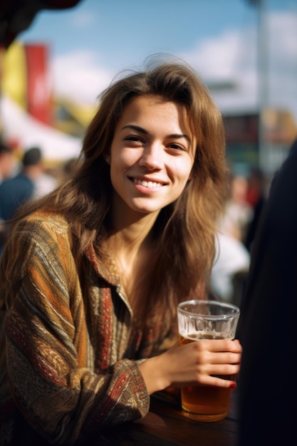 Eine junge Frau genießt ein Bier bei einem Outdoor-Festival, das mit generativer KI erstellt wurde