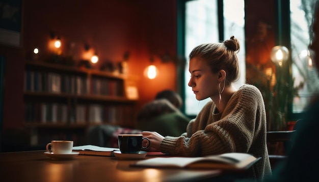 Foto eine junge frau genießt eine kaffeepause, während sie von ki generierte literatur studiert