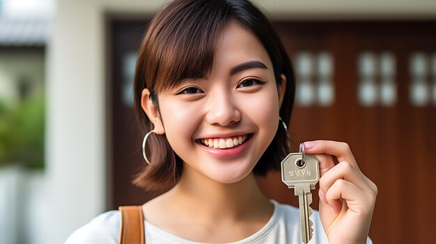 Eine junge Frau hält die Schlüssel zu ihrem neuen Zuhause in der Hand. Erstellt mit generativer KI-Technologie