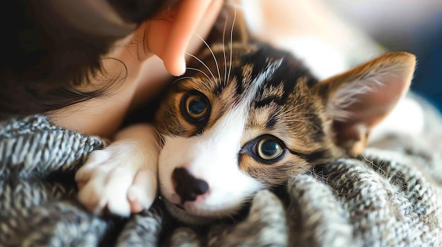 Eine junge Frau hält ein kleines Kätzchen in ihren Armen. Das Kätzchen schaut mit seinen großen grünen Augen auf die Frau.