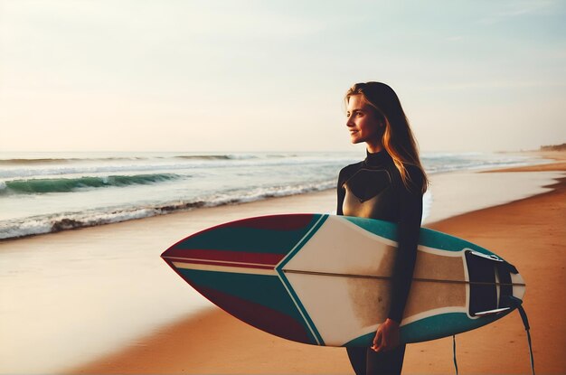 Eine junge Frau hält ein Surfbrett am Strand