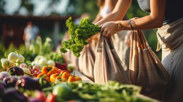 Eine junge Frau hält eine Ökotüte in der Hand, während sie Gemüse und Kräuter auf dem Bauernmarkt kauft