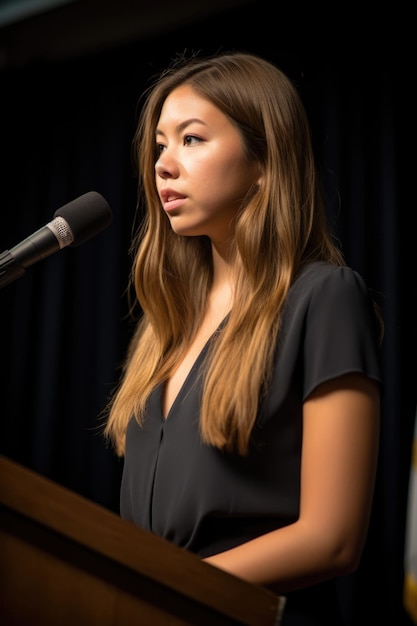 Eine junge Frau hält eine nachdenkliche Rede auf ihrem Podium, das mit generativer KI erstellt wurde