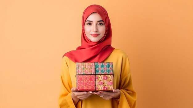 Eine junge Frau im Hijab hält eine Geschenkbox in den Händen