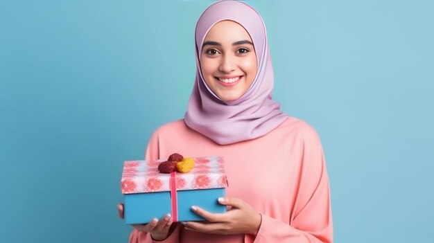 Eine junge Frau im Hijab hält eine Geschenkbox in den Händen