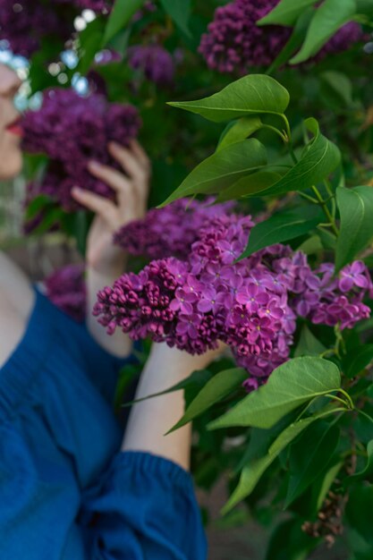 Eine junge Frau in einem blauen Kleid in einem blühenden lila Garten Frühlingsgeschichte Braunhaarige Frau mit langen Haaren Eine Frau spielt mit ihren Haaren Romantische Frühlingsansicht