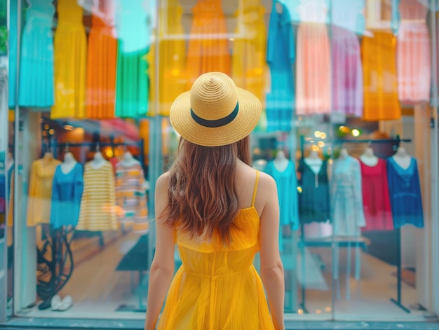 Eine junge Frau in einem gelben Kleid ist beim Einkaufen
