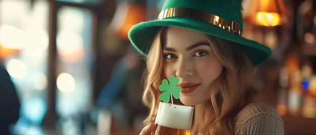 Eine junge Frau in einem grünen Hut hält ein mit Kleeblatt geschmücktes Bier, um den St. Patrick's Day zu feiern