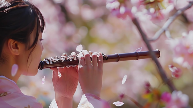 Foto eine junge frau in einem kimono spielt eine traditionelle japanische flöte, umgeben von kirschblüten