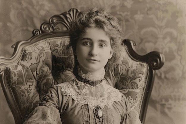 Foto eine junge frau in einem viktorianischen kleid sitzt auf einem plüschsessel