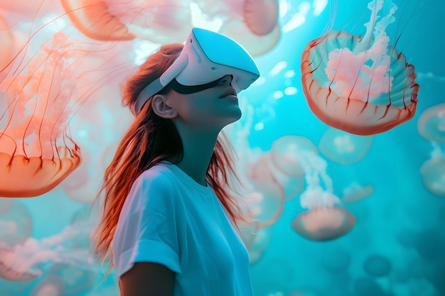 Foto eine junge frau in einem weißen t-shirt beobachtet riesige quallen und die unterwasserwelt durch augmented-reality-brille das konzept des bewusstseins für den schutz von tieren und ihren lebensräumen