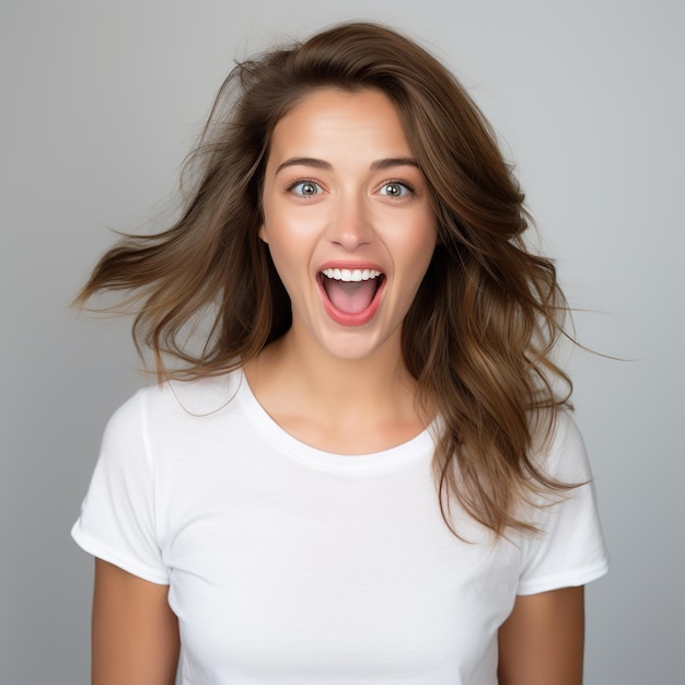 Eine junge Frau in einem weißen T-Shirt macht einen Gesichtsausdruck