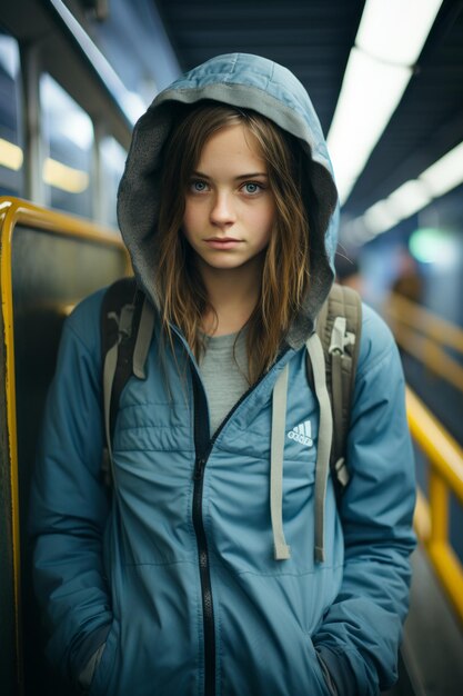 Eine junge Frau in einer blauen Jacke steht auf einem U-Bahnsteig