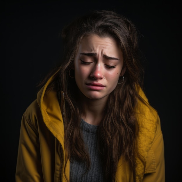 Eine junge Frau in einer gelben Jacke weint