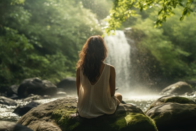 Eine junge Frau in lässiger Kleidung genießt einen natürlichen Wasserfall im Wald, eine Frau schließt die Augen, fühlt sich entspannt und atmet tief in die frische Luft.