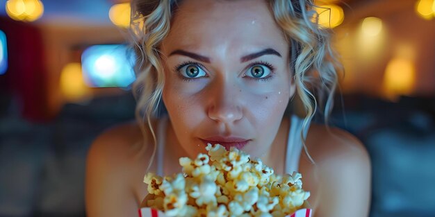 Foto eine junge frau in spannender erwartung, während sie popcorn während eines scary-films snackt konzept spannende erwartung scary movie popcorn snacking young woman