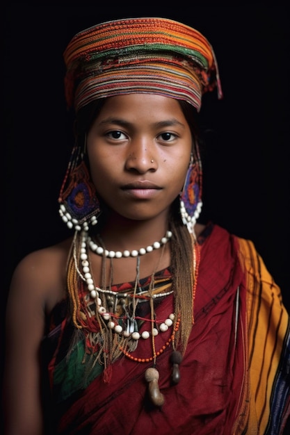 Eine junge Frau in traditioneller Stammeskleidung, die mit generativer KI geschaffen wurde