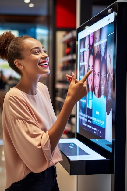 Eine junge Frau interagiert mit einem sprachaktivierten Display in einem Einzelhandelsgeschäft. KI-generativ