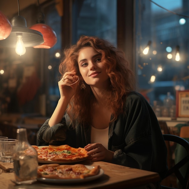 Eine junge Frau isst allein im Café Pizza und wartet auf ihren Partner