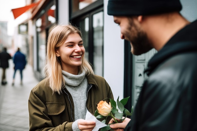 Foto eine junge frau kauft ihrem freund eine mit generativer ki hergestellte eistüte