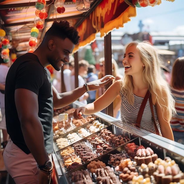 Eine junge Frau kauft Schokoladenfrüchte an einem Stand in einem Vergnügungspark und flirtet mit dem Verkäufer