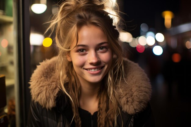 Eine junge Frau lächelt nachts vor einem Schaufenster