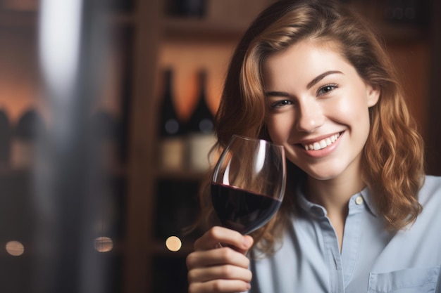 Eine junge Frau lächelt und hält eine Flasche Wein hoch, die mit generativer KI hergestellt wurde