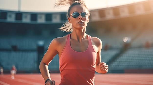 Foto eine junge frau läuft im stadion generative ki