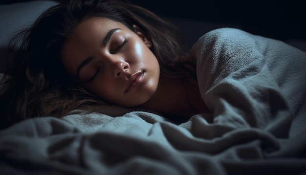 Eine junge Frau liegt auf einem bequemen Bett und schläft, erzeugt durch künstliche Intelligenz