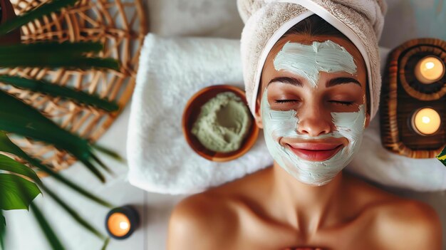 Foto eine junge frau liegt auf einem spa-bett mit einer grünen lehmmaske auf dem gesicht, trägt ein weißes handtuch auf dem kopf und hat die augen geschlossen.