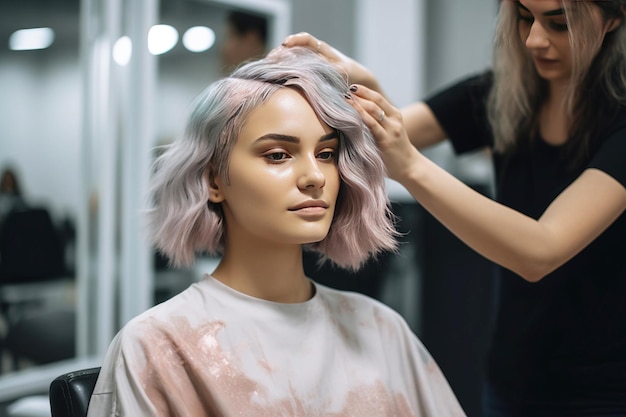 Eine junge Frau macht eine modische Frisur in einem Schönheitssalon Elegant stilvoller Haarschnitt Haarpflege KI